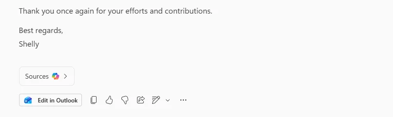 The bottom of a Copilot Chat email draft with a thank-you sign-off followed by a Sources pill and a prominent "Edit in Outlook" button that opens a pre-filled draft in Outlook with subject, message and recipients ready.