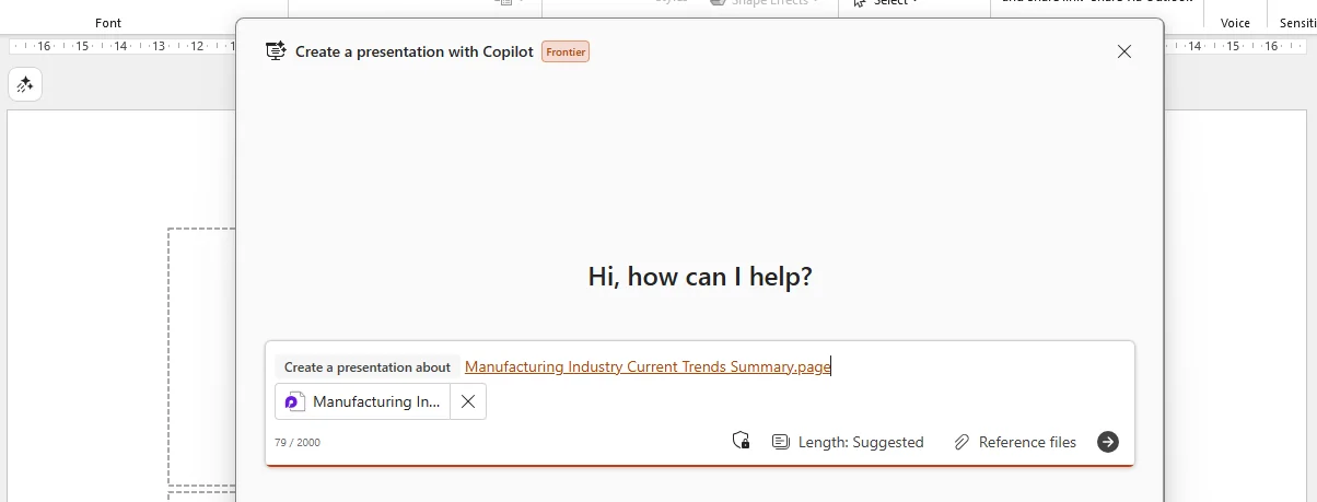 The "Create a presentation with Copilot" modal in PowerPoint with the Frontier preview pill — the prompt "Create a presentation about Manufacturing Industry Current Trends Summary.page" has a Copilot Page attachment chip ready as the grounding source.
