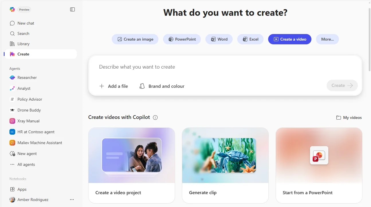 The Create tab in the Microsoft 365 Copilot app with "Create a video" selected from the top format pills (alongside Create an image, PowerPoint, Word, Excel, More…). Below the composer are three video starter cards — Create a video project, Generate clip, and Start from a PowerPoint.