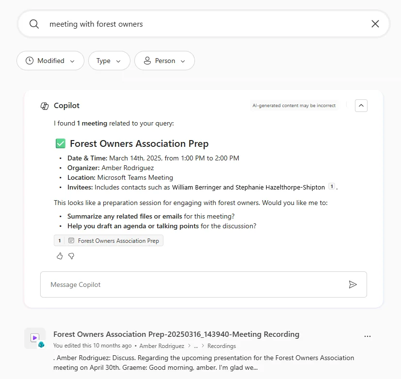 Copilot Search results for a plain-language meeting query "meeting with forest owners" — the Copilot block returns the matching event ("Forest Owners Association Prep") with its Date & Time, Organizer, Location, Invitees, and AI suggestions to summarise files or draft an agenda.