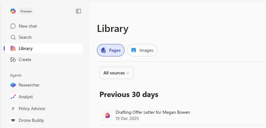 The new Library entry in the Microsoft 365 Copilot app left rail (alongside New chat, Search, Library, Create, Agents) — main panel shows the Library landing with Pages and Images tabs and a Previous 30 days section listing recent Copilot-generated content like "Drafting Offer Letter for Megan Bowen".