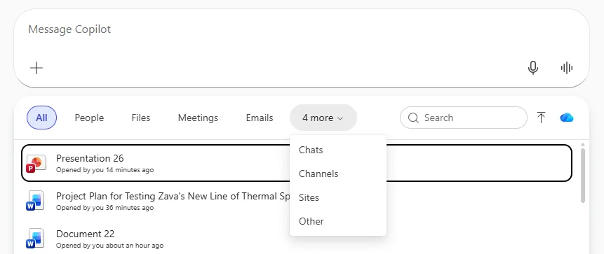 Copilot Chat Context IQ source picker — the All / People / Files / Meetings / Emails row plus a "4 more" dropdown open with Chats, Channels, Sites, and Other listed underneath. Channels is the new addition that lets you ground prompts against Teams channel conversations.