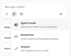 The Copilot Tools menu in Excel — three modes shown: Agent mode (Allow direct edits to your workbook), Researcher (Create reports using detailed analysis), and Analyst (Get insights from your data). Agent mode is where Copilot moves from suggesting to actually editing the workbook.