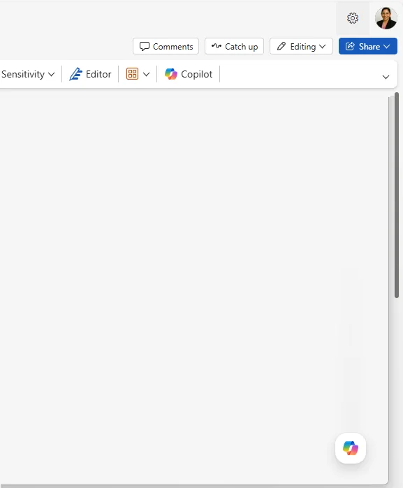 A Microsoft Office app (Word/Excel/PowerPoint) with the top-right ribbon area visible — the Copilot smart-edit floating icon now sits at the bottom-right of the app canvas itself rather than in the ribbon, making it more discoverable while you work inside the document.