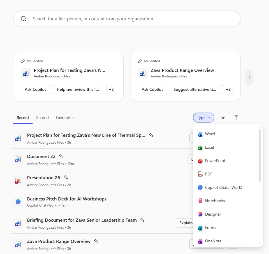 The Microsoft 365 Copilot Search page with the Type dropdown open — the new "Copilot Chats (Work)" filter appears alongside Word, Excel, PowerPoint, PDF, Notebooks, Designer, Forms, and OneNote. This is the scope filter for retrieving past Copilot conversations.