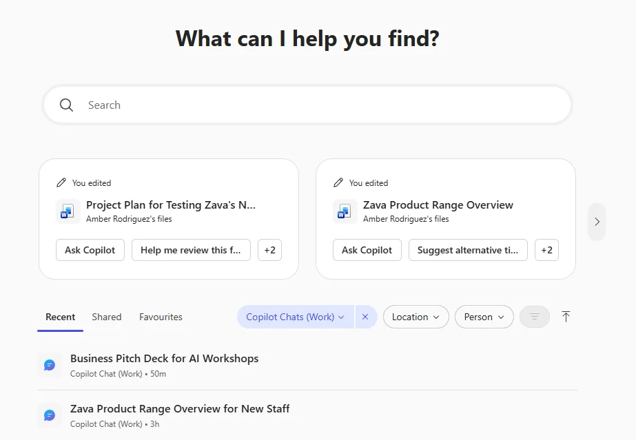 Copilot Search results with the "Copilot Chats (Work)" source selected — the filter row dynamically shows Location and Person filters that are specific to chat content. Below, two chat results appear (Business Pitch Deck for AI Workshops, Zava Product Range Overview for New Staff) from Copilot Chat history.