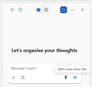 The Microsoft 365 Copilot side panel inside Word — the prompt composer at the bottom now shows both a microphone icon (for dictating a prompt) and an audio-waveform icon with a "Start a new voice chat" tooltip (for a full verbal conversation with Copilot).