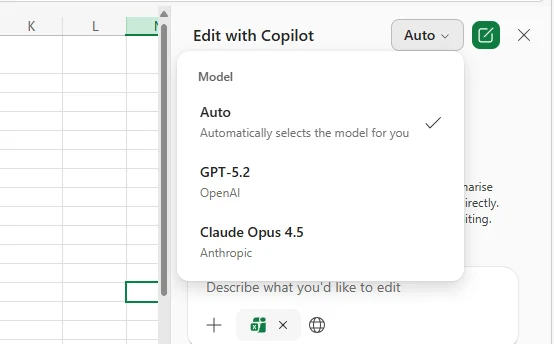 Excel Copilot pane 'Edit with Copilot' with the new Model picker dropdown open showing three choices: Auto (selected, 'Automatically selects the model for you'), GPT-5.2 (OpenAI), and Claude Opus 4.5 (Anthropic) — the new model selector for licensed users