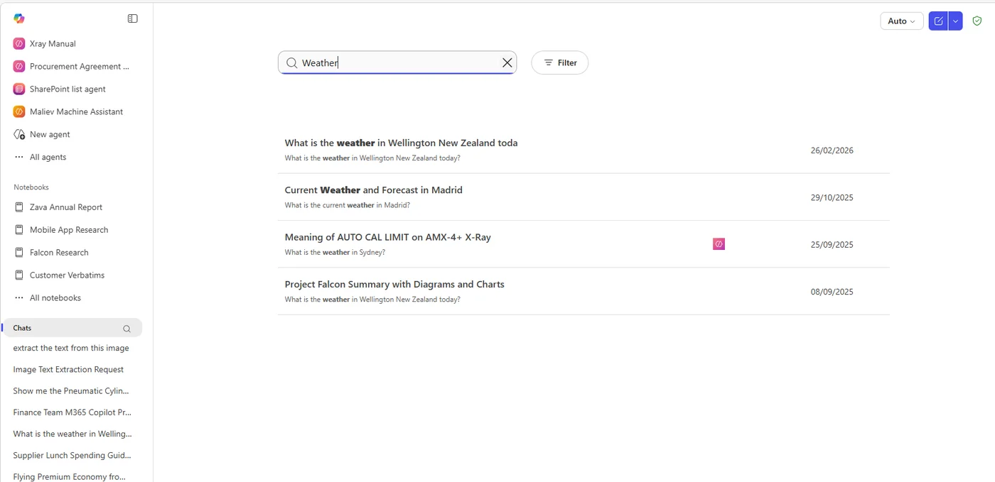 M365 Copilot 'Chats' landing page with the updated search and filter UI — a 'Weather' search query filtering across past chats (weather queries, X-ray manual question, Project Falcon Summary) with a Filter button alongside