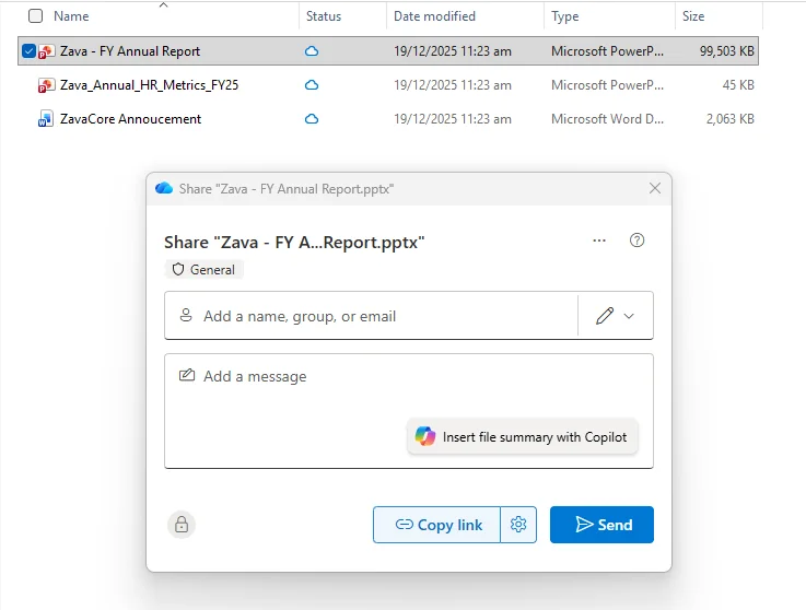 Windows File Explorer with 'Zava - FY Annual Report.pptx' selected and the Share dialog open, showing the new 'Insert file summary with Copilot' button above the recipient field