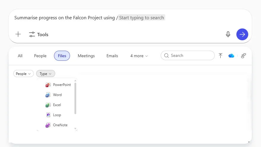 Copilot composer with a 'Summarise progress on the Falcon Project using' prompt and the ContextIQ Files tab Type filter open, listing PowerPoint, Word, Excel, Loop, OneNote — Loop is the newly added scope