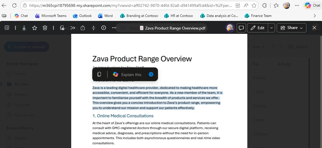 SharePoint PDF viewer for 'Zava Product Range Overview.pdf' with a selection highlighted and a floating dark 'Explain this' Copilot popup appearing — the new PDF context menu action