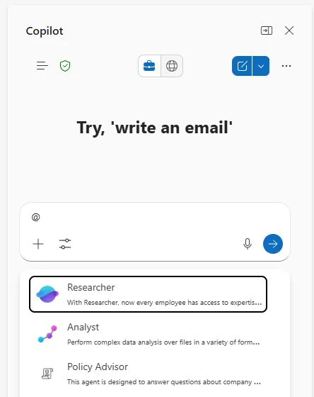 Outlook Copilot pane 'Try, write an email' with the agent picker showing Researcher highlighted ('With Researcher, now every employee has access to expertise...'), Analyst, and Policy Advisor — the agents experience now available in Classic Outlook for Windows