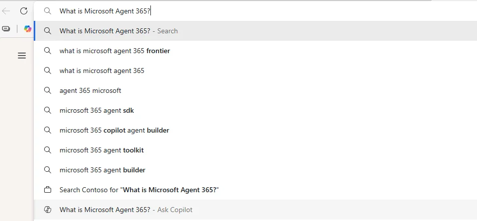 Edge address bar with a 'What is Microsoft Agent 365?' query and the suggestion dropdown showing the new 'Ask Copilot' option at the bottom of the suggestion list alongside standard web suggestions and a 'Search Contoso for...' work-content option