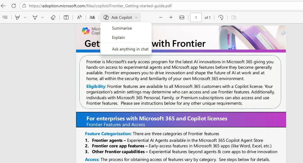 Edge browser PDF reader on a Microsoft Frontier guide with the 'Ask Copilot' dropdown open showing the two new actions Summarise and Explain alongside 'Ask anything in chat'