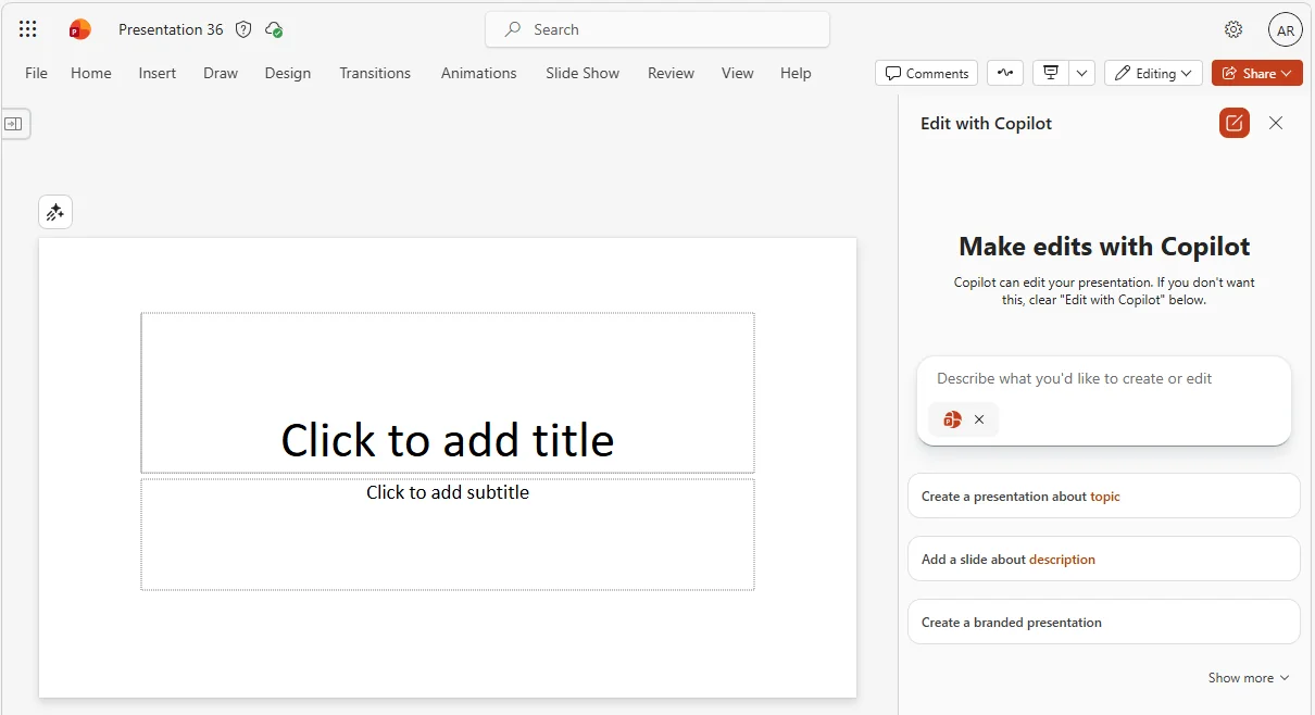 PowerPoint Online with the 'Edit with Copilot' pane open: 'Make edits with Copilot — Copilot can edit your presentation' composer plus suggestion cards (Create a presentation about, Add a slide about, Create a branded presentation)