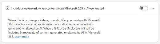 Microsoft privacy dashboard toggle 'Include a watermark when content from Microsoft 365 is AI-generated' shown OFF, with the explanation of when the watermark appears on images, video, and audio