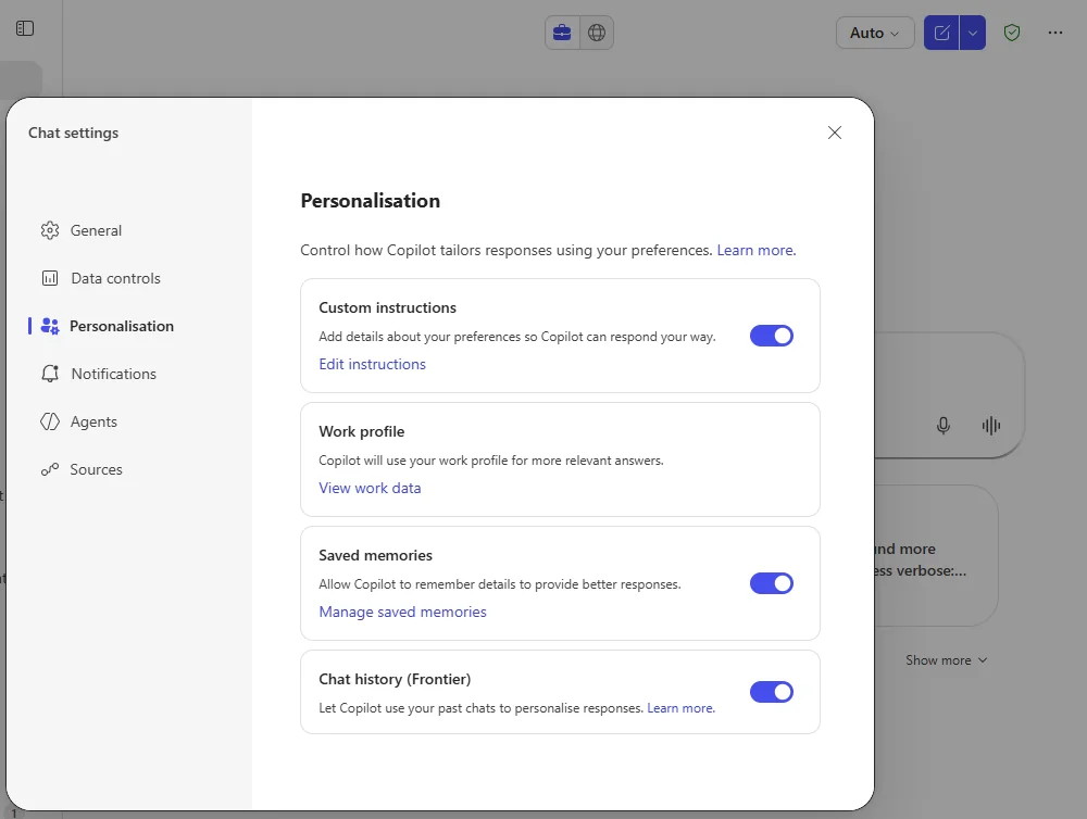 M365 Copilot Personalisation settings page showing four toggles: Custom instructions, Work profile, Saved memories, and the new 'Chat history (Frontier)' — 'Let Copilot use your past chats to personalise responses'