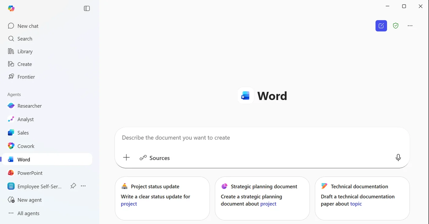 M365 Copilot left nav with the new Word agent selected, showing the Word agent landing page with a 'Describe the document you want to create' composer and starter prompts for project status update, strategic planning document, and technical documentation