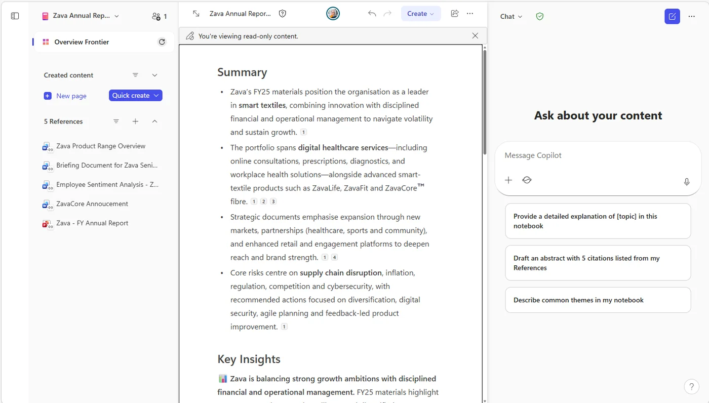 Copilot Notebooks 'Zava Annual Rep...' notebook with the new Overview Frontier landing page showing Copilot-generated Summary and Key Insights across five references (Zava Product Range Overview, Briefing Document, Employee Sentiment Analysis, ZavaCore Announcement, FY Annual Report) plus an 'Ask about your content' chat pane