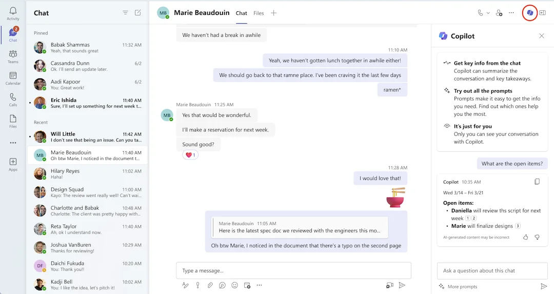 Microsoft Teams chat (Marie Beaudouin thread) with the Copilot pane open on the right and a red-circled annotation on the Copilot toolbar icon — Copilot Chat now grounded in the active Teams chat, answering 'What are the open items?' with chat-derived bullets