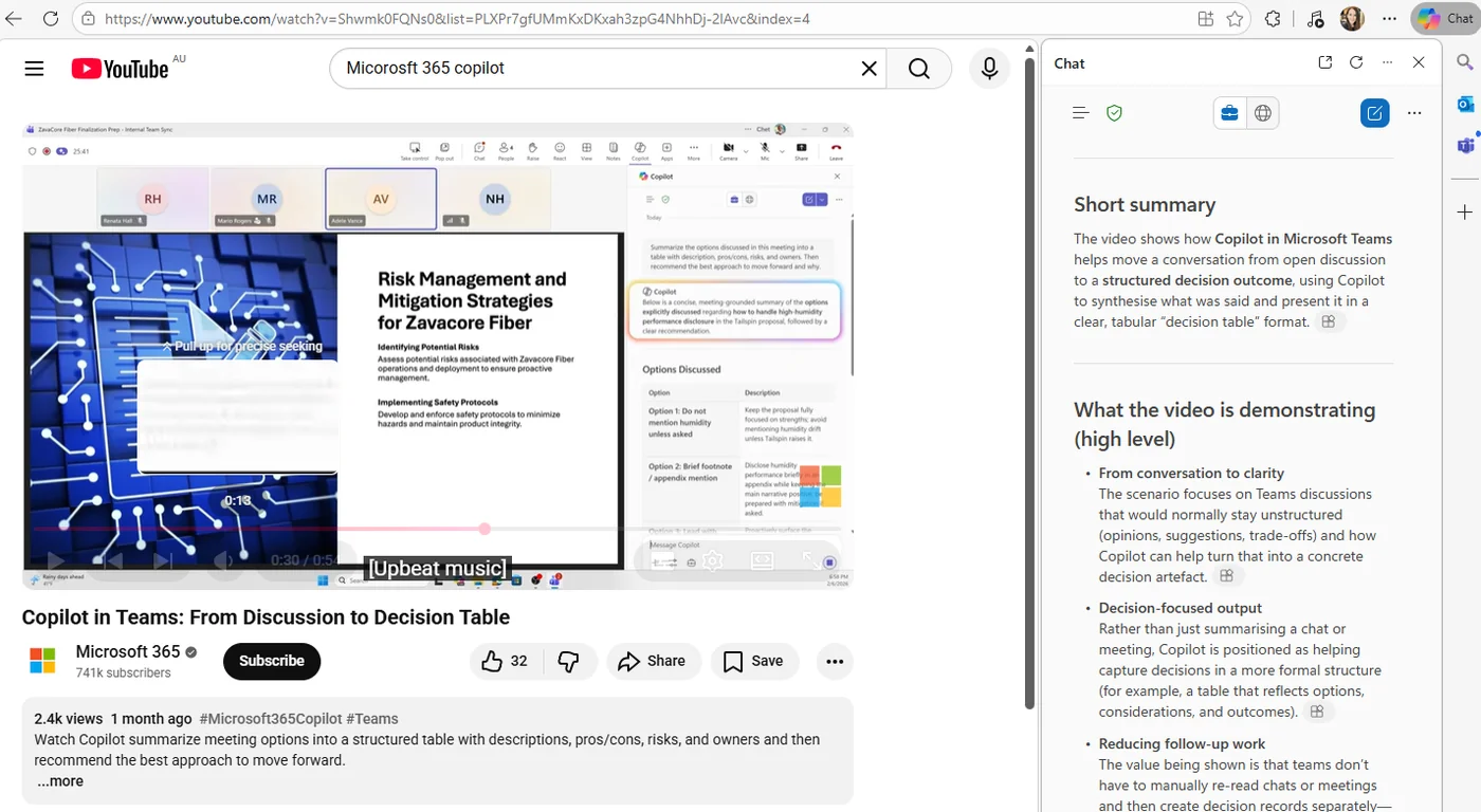 Edge browser on a YouTube video ('Copilot in Teams: From Discussion to Decision Table') with the Copilot pane on the right showing a 'Short summary' of the video plus a 'What the video is demonstrating' breakdown — Copilot grounded in the open YouTube tab