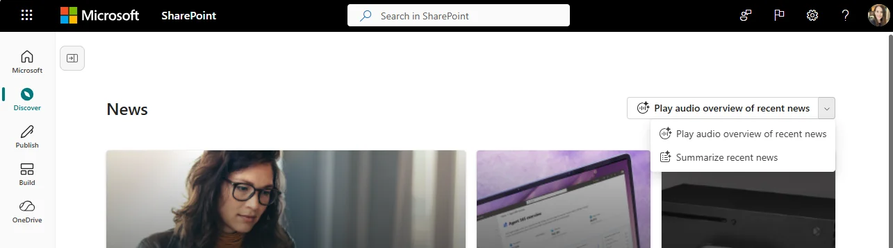 SharePoint News landing page with the new 'Play audio overview of recent news' button and dropdown open, showing 'Play audio overview of recent news' and 'Summarize recent news' options — the Viva Connections audio overview entry point