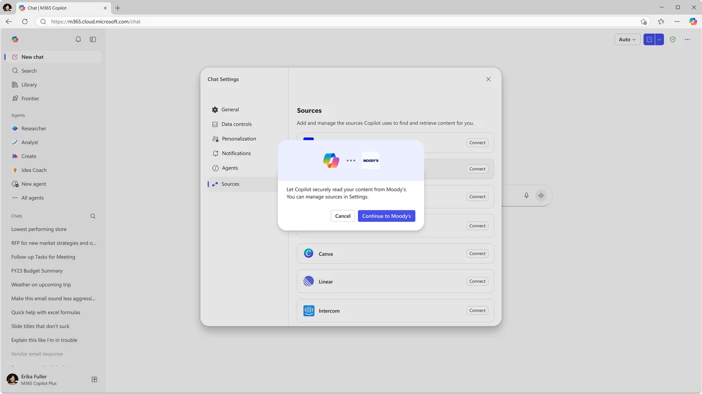 Authentication flow for connecting Microsoft 365 Copilot to the Moody's federated connector — the user signs in with their own Moody's credentials so subsequent queries respect their existing permissions in the source system.