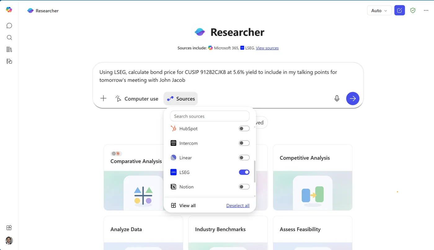 Microsoft 365 Copilot Researcher agent showing a sales-pipeline analysis. The agent surfaces structured insights pulled from a federated connector — open deals, last-activity dates, and pipeline status — with inline citations back to the source CRM record.