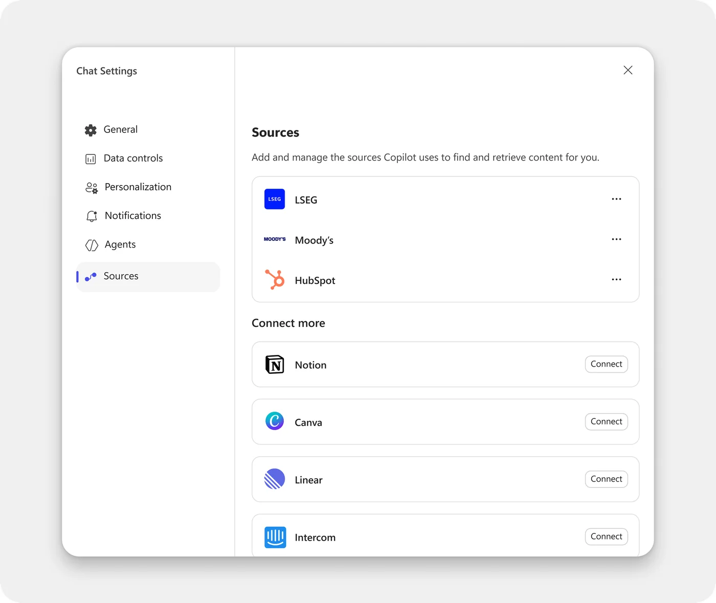 Microsoft 365 Copilot Chat composer with the Sources picker open, listing federated connectors such as Canva, HubSpot, Linear, LSEG, Moody's and Notion, each with a Connect button to authenticate using your own credentials.
