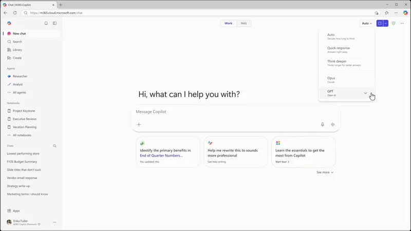 Microsoft 365 Copilot Chat model selector open, showing GPT-5.5 Quick response listed under GPT as the new fast-model option for everyday work tasks.
