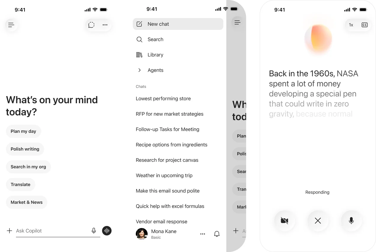 Microsoft 365 Copilot mobile app showing the refreshed chat-first layout — cleaner navigation, text formatting controls in the prompt composer, and the new liquid glass styling for the voice-conversation visualiser.