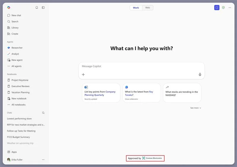 Microsoft 365 Copilot Chat footer showing an organisation-approved branding cue — the admin-uploaded logo with a fixed Approved by label, helping users confirm they're inside the work-managed Copilot environment rather than a consumer or shadow AI tool.