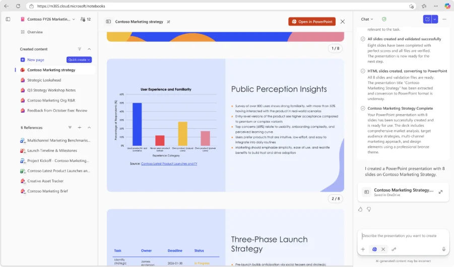 Copilot Notebook generating a PowerPoint presentation — the Notebook on the left lists references and Created content; the slide preview on the right shows generated slides ready to open in PowerPoint, with a chat panel on the far right confirming the deck is complete.