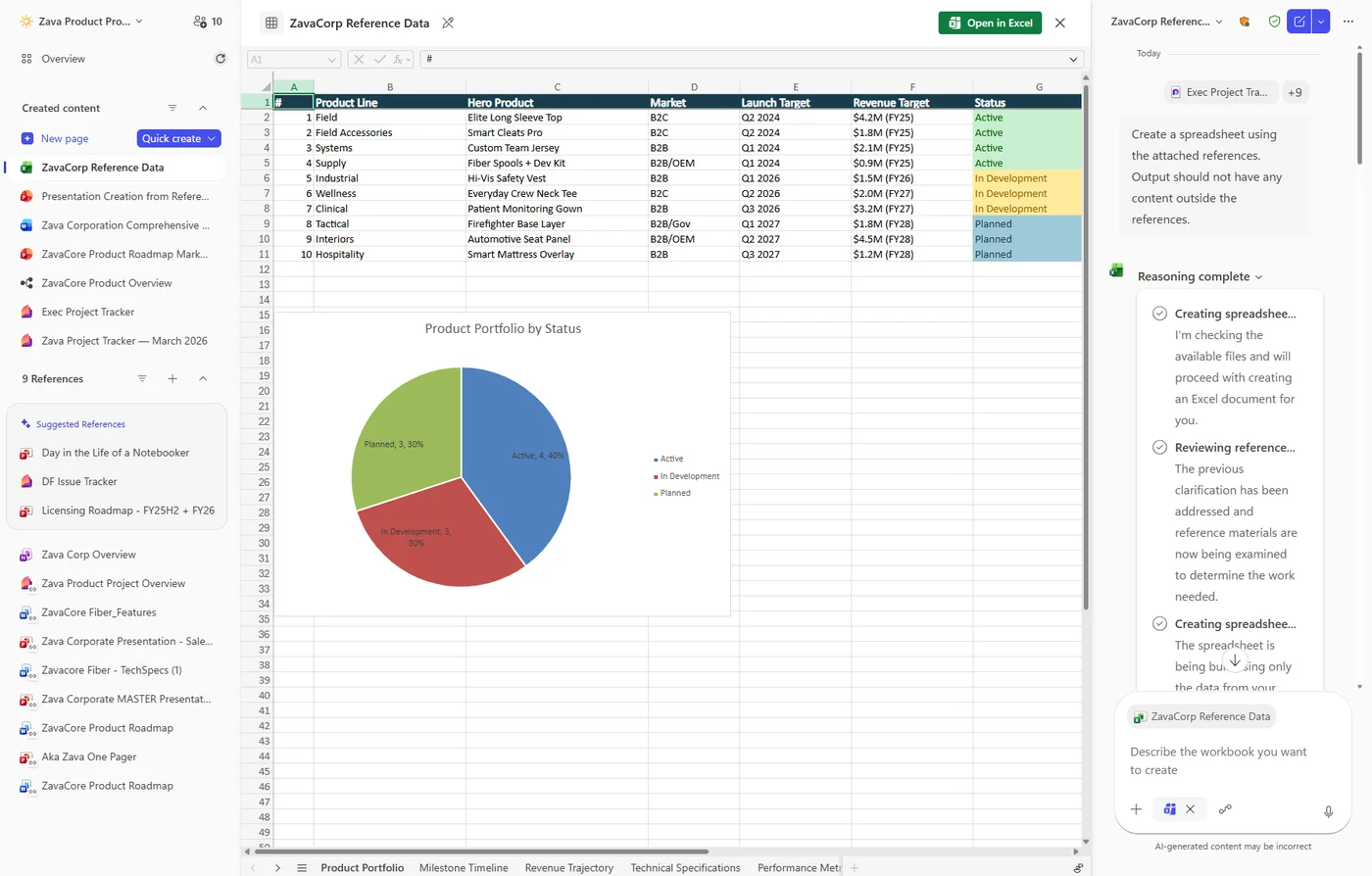Generating an Excel spreadsheet from Copilot Notebook content — Copilot creates a structured workbook based on the notebook's references and notes, which then opens in Excel for editing.