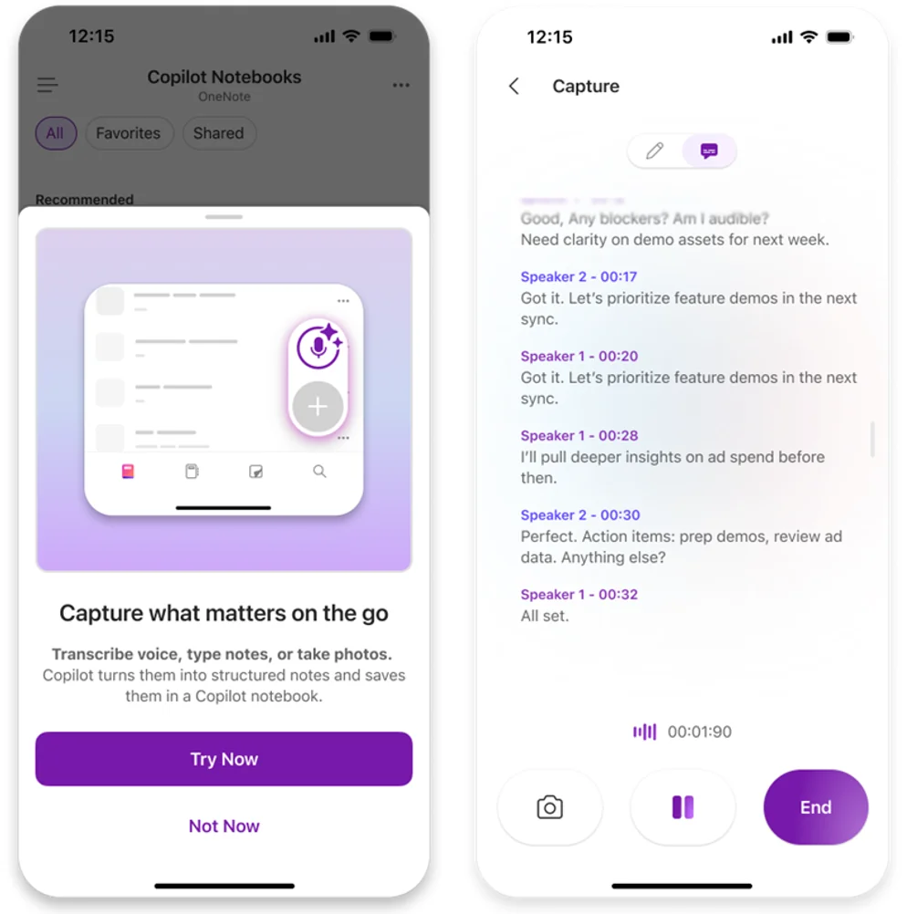 Two iPhone screens side-by-side: the OneNote Copilot Notebooks 'Capture what matters on the go' intro modal on the left (Try Now / Not Now); an active multimodal capture session on the right with voice transcription showing Speaker 1 and Speaker 2 timestamps, recording timer 00:01:90, and camera / pause / end controls.