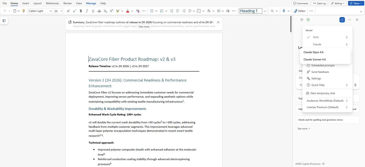 Copilot side panel open on a Word document titled 'ZavaCore Fiber Product Roadmap: v2 & v3' — the Model dropdown is expanded showing Auto with a check mark and a Claude submenu listing Claude Opus 4.6 and Claude Sonnet 4.6, plus Settings, Quick Help, Scheduled prompts and other panel options.