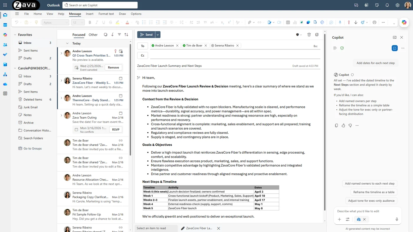 Copilot in new Outlook writing a first draft directly in the email canvas — Copilot iterates with the user via clarifying questions about goal, audience, and tone, with every change visible in place.