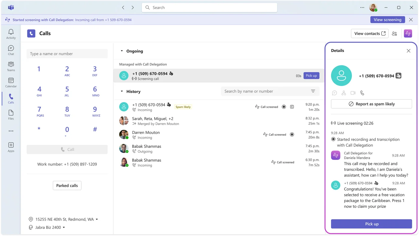 Microsoft Teams Calls UI mid-screening: a 'Started screening with Call Delegation' banner at the top, an active incoming call from +1 (509) 670-0594 in the Ongoing list (managed with Call Delegation), and a Details panel on the right showing Live screening 02:26 with the assistant transcript — 'Hello, I am Daniela's assistant, how can I help you today?' followed by the caller's reply — plus a Pick up button so the user can join the call once they know who it is.