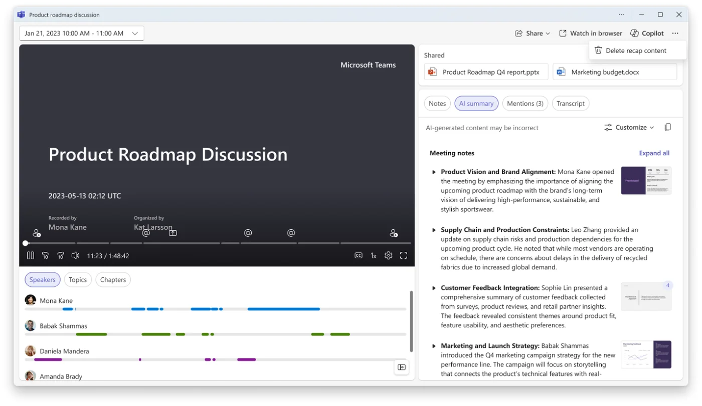 Microsoft Teams meeting recap with the new Delete recap content option in the More (...) menu — organisers can permanently delete recordings, transcripts, AI summaries and notes from the recap. Shared files remain in their original storage locations.