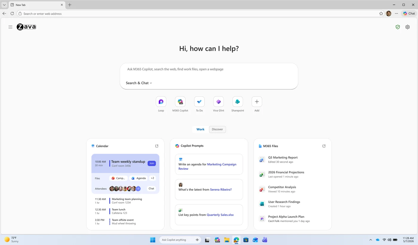Microsoft Edge for Business new tab page — a single combined Copilot search/chat composer at the top, with Copilot-suggested action tiles, curated work content cards, and personalised news/activities filling the page.