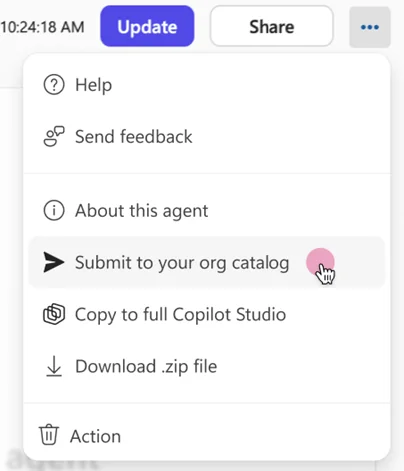 Agent Builder dialog for submitting a custom agent to the organisation's Agent Store catalog for administrator review and approval — once approved, the agent appears under Built by your org.