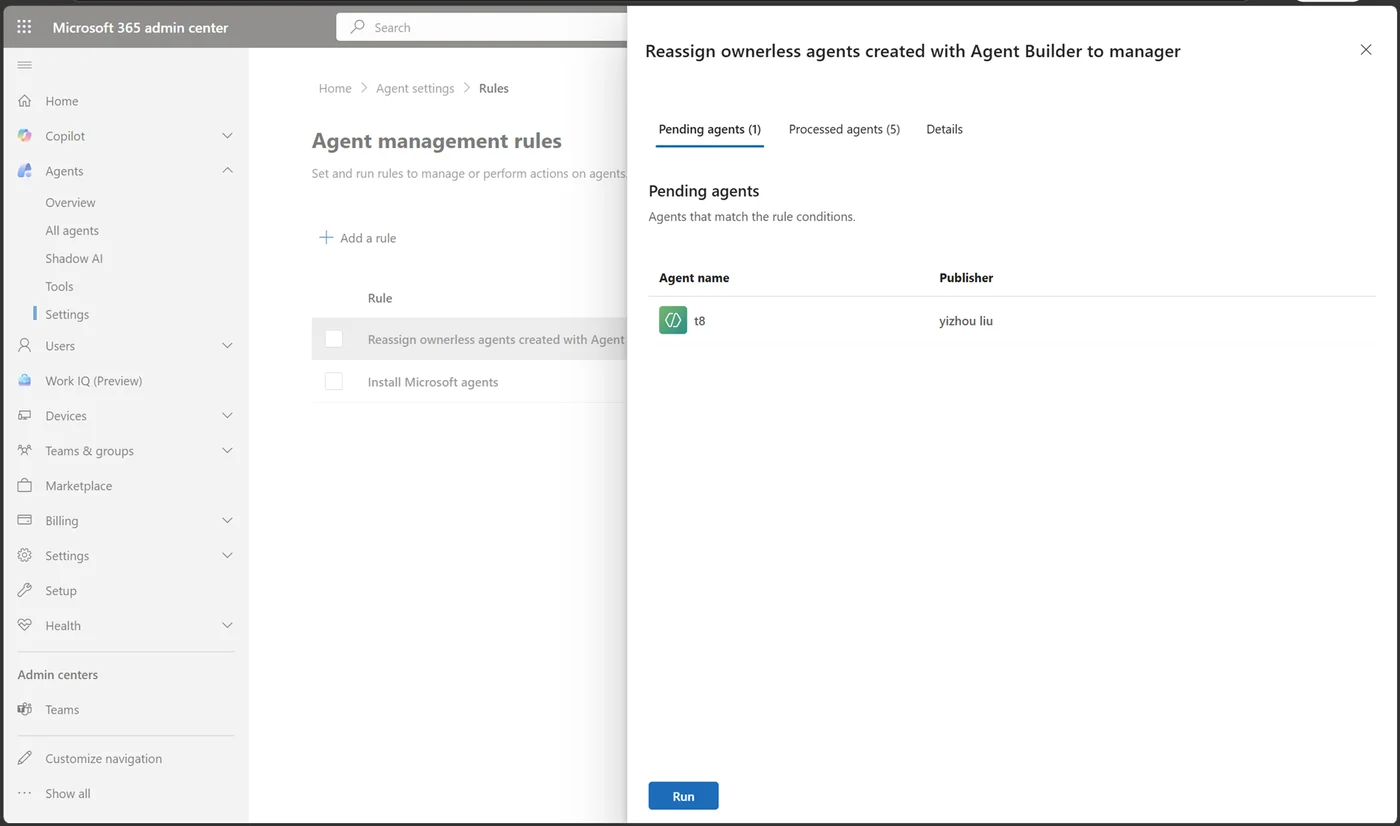 Microsoft 365 admin center bulk agent lifecycle actions — admins can bulk-reassign ownerless Copilot agents to their original owner's manager, install first-party agents to users en masse, and apply lifecycle policies across the agent estate. (Rule-based automation is shipping in phases; bulk on-demand is GA now.)