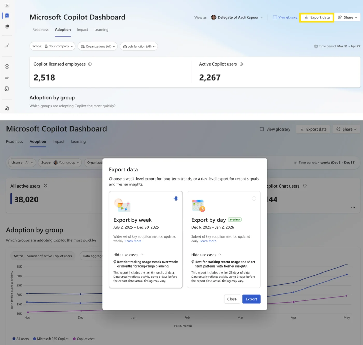 Updated Adoption tab in the Copilot Dashboard with the new Power user insights view — users classified as power, habitual, novice, or non-Copilot based on usage frequency and consistency, so enablement teams can target the right cohorts.