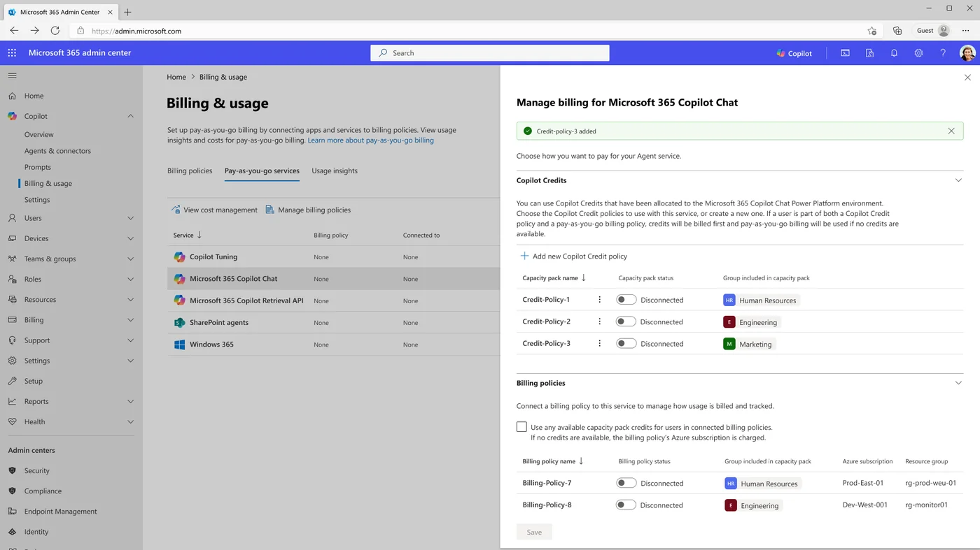 Microsoft 365 admin center Billing view showing prepaid capacity pack policies listed by department — admins can ensure users covered by a policy draw exclusively from available prepaid credits, keeping spend predictable.
