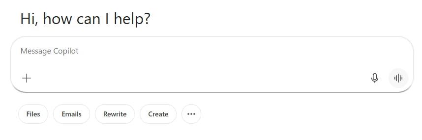 Microsoft 365 Copilot composer with the voice mode icon highlighted on the right side of the message box — a single tap starts a hands-free voice conversation with Copilot.