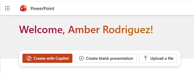 PowerPoint web app home page with a prominent orange 'Create with Copilot' button alongside 'Create blank presentation' and 'Upload a file' — the new front-door CTA for Copilot-driven deck creation.