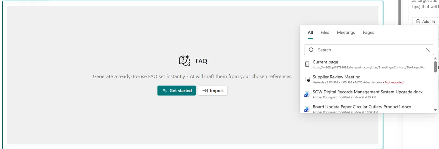 SharePoint page edit view with the new AI-powered FAQ web part — 'Generate a ready-to-use FAQ set instantly — AI will craft them from your chosen references' — alongside the reference picker showing files, meetings and SharePoint pages.