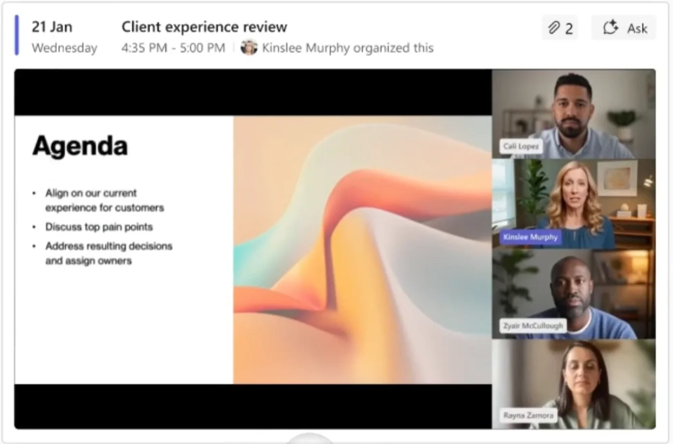 Teams meeting recap page for a 'Client experience review' showing the video player with the agenda slide visible and four participants in the side rail — narrated highlights generated automatically from the recording.
