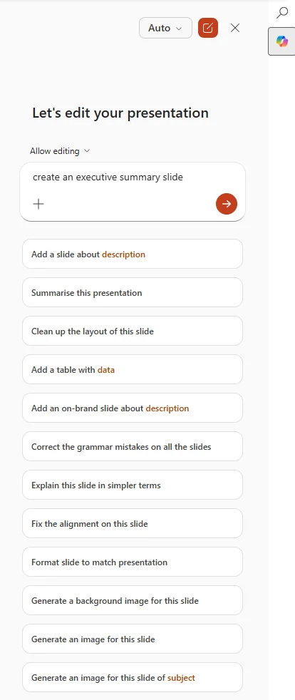 Copilot side panel in PowerPoint with the prompt 'create an executive summary slide' entered, surrounded by suggested editing actions like 'Summarise this presentation' and 'Add a table with data'.